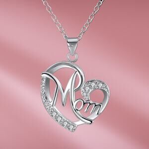 Silver "Mom" Crystal Heart Charm Pendant Gift For Mom or Mothers Day